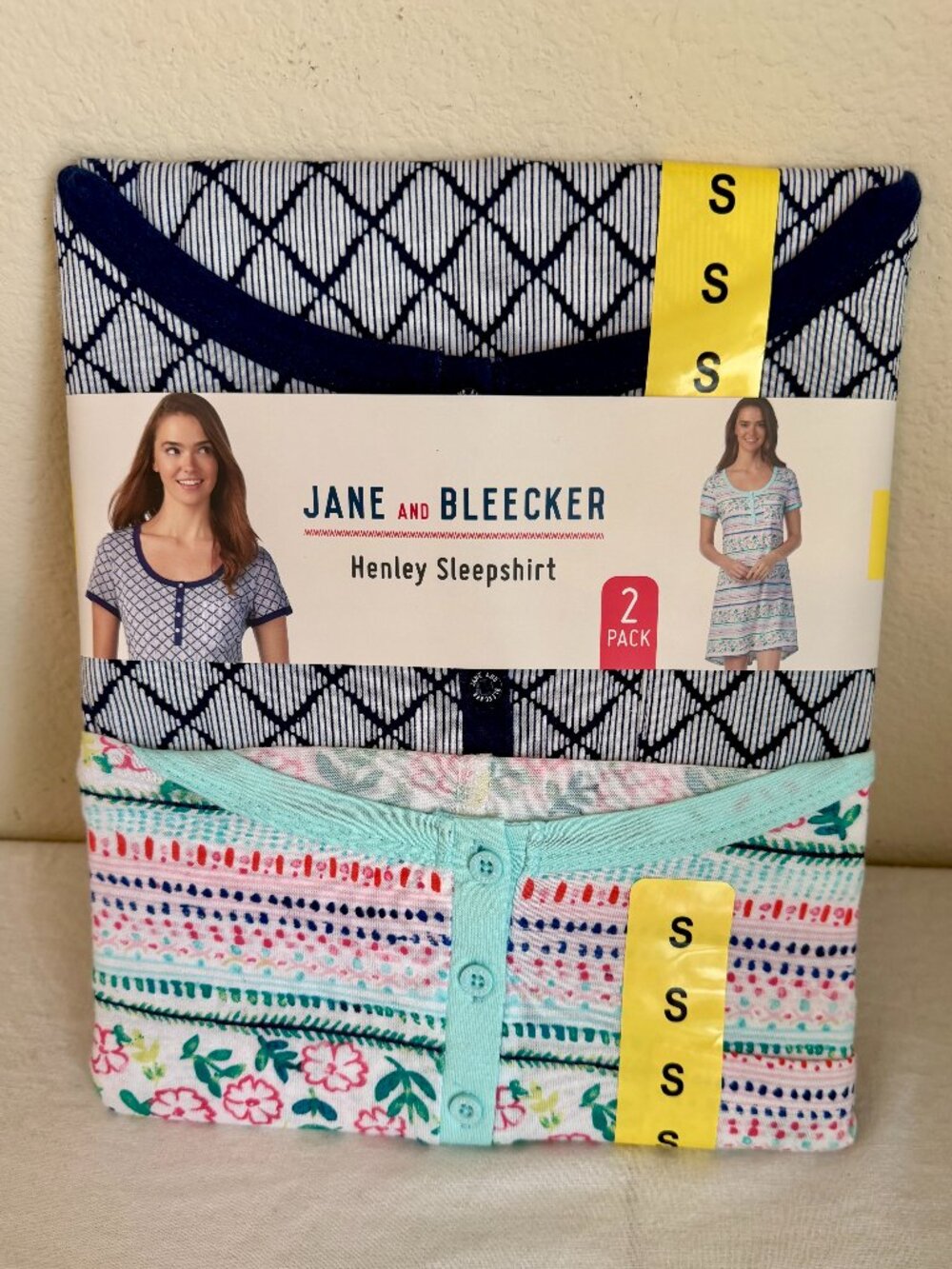 Jane And Bleecker Women's 2 Pack Henley Sleepshirts Size S Stripe/Navy Soft NEW
